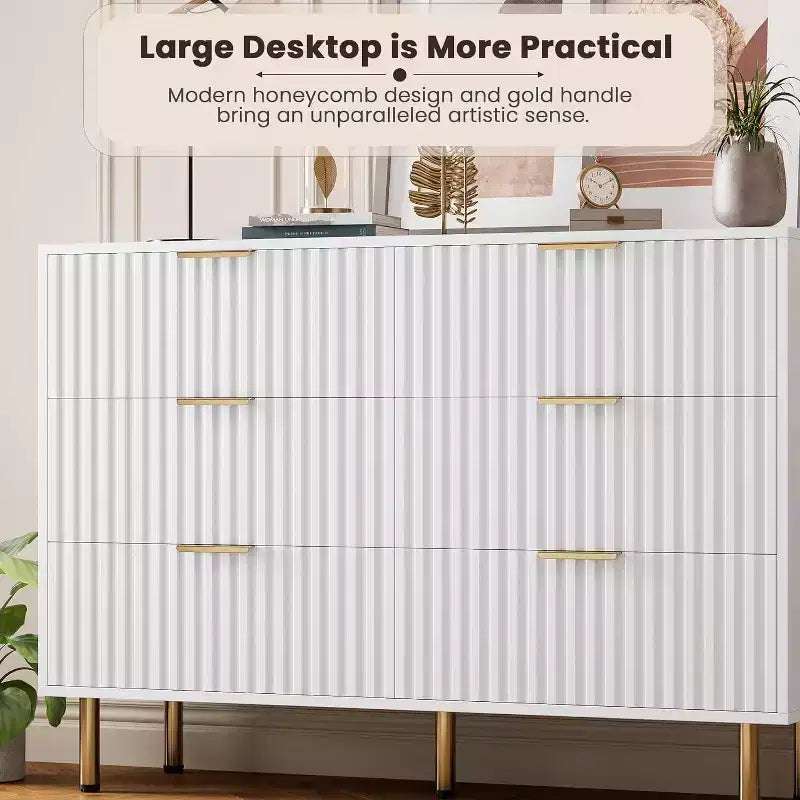 Commode à 6 tiroirs pour chambre, commode moderne cannelée avec tiroirs profonds, longue et grande commode double meuble TV pour salon, couloir