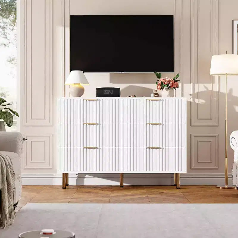 Commode à 6 tiroirs pour chambre, commode moderne cannelée avec tiroirs profonds, longue et grande commode double meuble TV pour salon, couloir