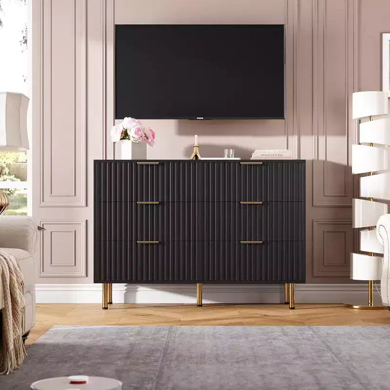 Commode à 6 tiroirs pour chambre, commode moderne cannelée avec tiroirs profonds, longue et grande commode double meuble TV pour salon, couloir