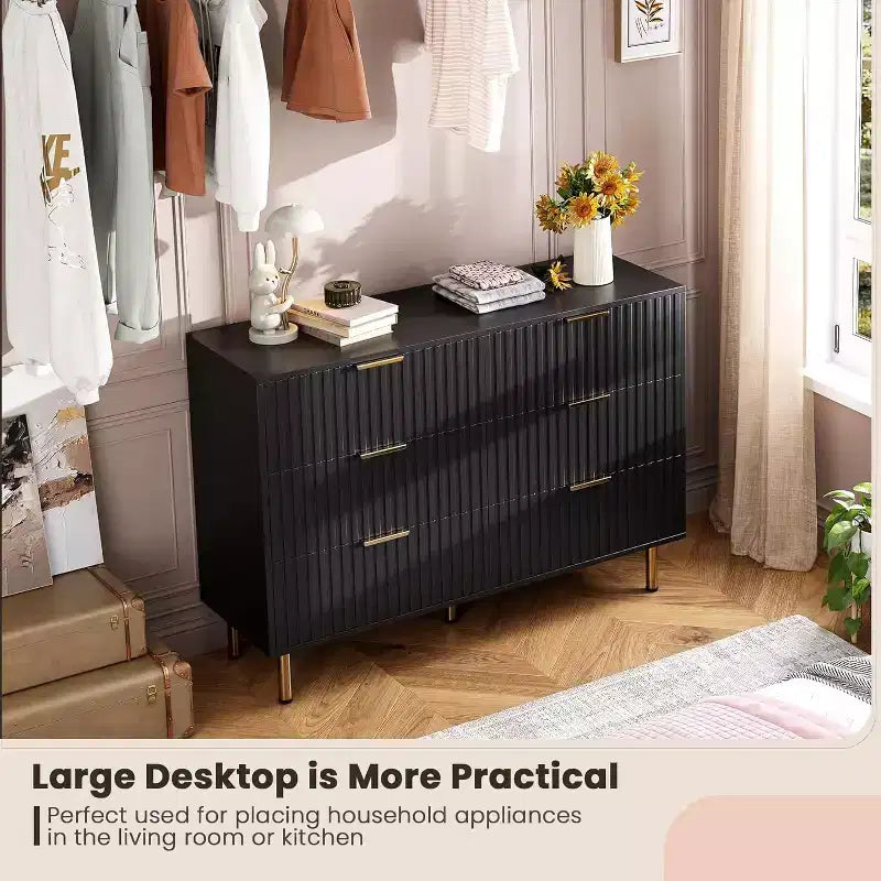 Commode à 6 tiroirs pour chambre, commode moderne cannelée avec tiroirs profonds, longue et grande commode double meuble TV pour salon, couloir