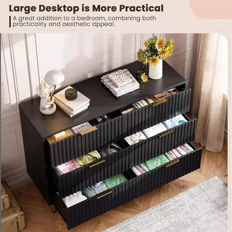 Commode à 6 tiroirs pour chambre, commode moderne cannelée avec tiroirs profonds, longue et grande commode double meuble TV pour salon, couloir