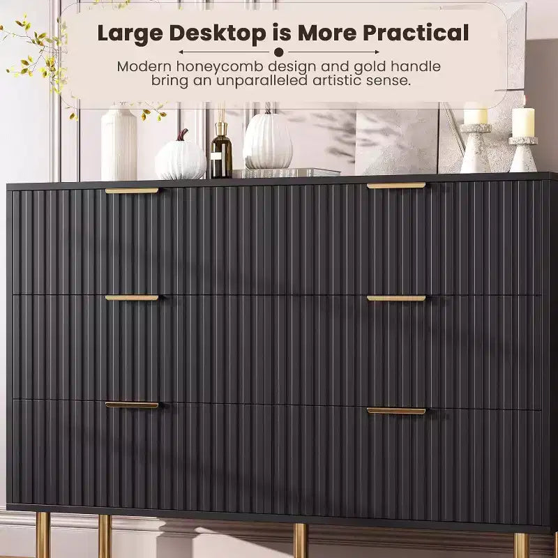 Commode à 6 tiroirs pour chambre, commode moderne cannelée avec tiroirs profonds, longue et grande commode double meuble TV pour salon, couloir
