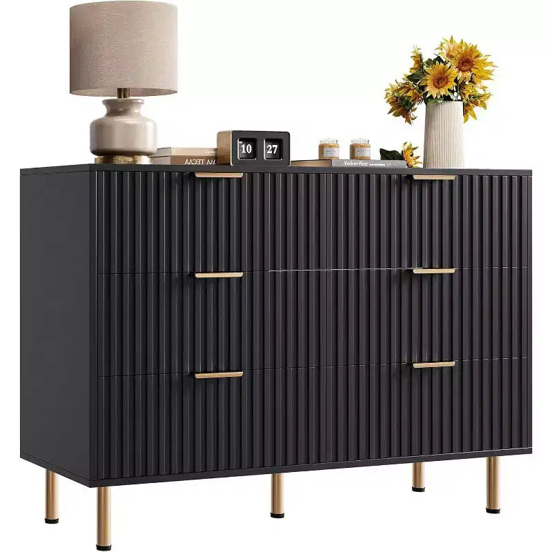 Coolmee 6 Drawer Dresser for Bedroom, Fluted Modern Chest of Drawers with Deep Drawers, Long Large Double Dresser TV Stand for Living Room, Hallway