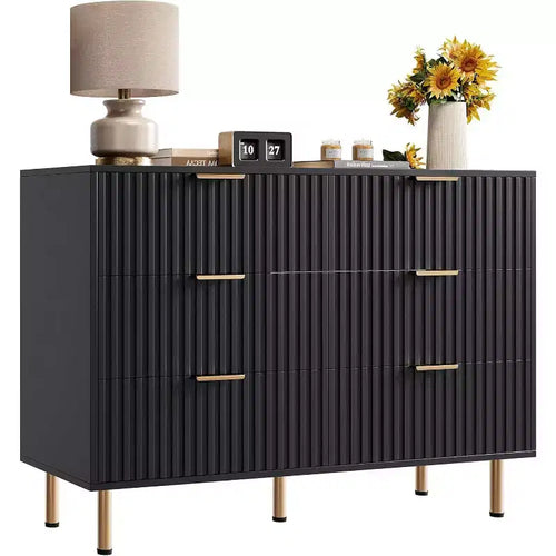 Coolmee 6 Drawer Dresser for Bedroom, Fluted Modern Chest of Drawers with Deep Drawers, Long Large Double Dresser TV Stand for Living Room, Hallway