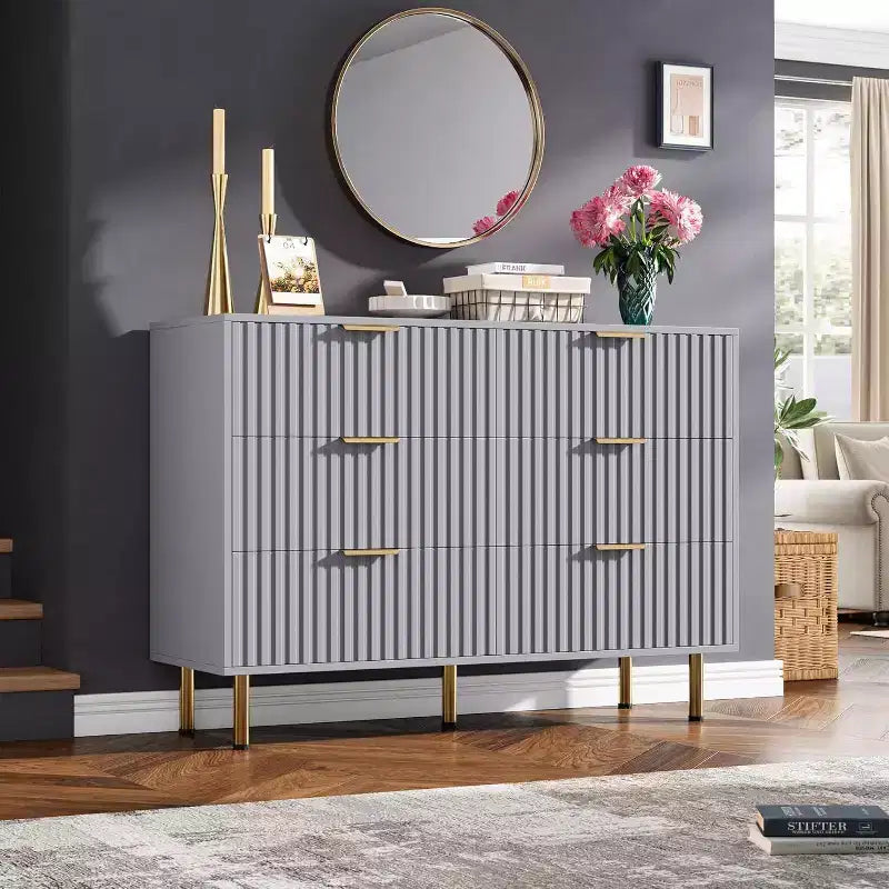 Commode à 6 tiroirs pour chambre, commode moderne cannelée avec tiroirs profonds, longue et grande commode double meuble TV pour salon, couloir