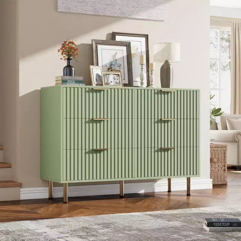 Commode à 6 tiroirs pour chambre, commode moderne cannelée avec tiroirs profonds, longue et grande commode double meuble TV pour salon, couloir