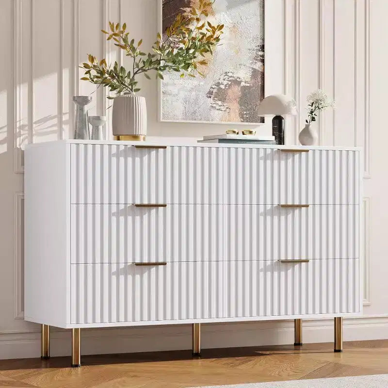 Commode à 6 tiroirs pour chambre, commode moderne cannelée avec tiroirs profonds, longue et grande commode double meuble TV pour salon, couloir