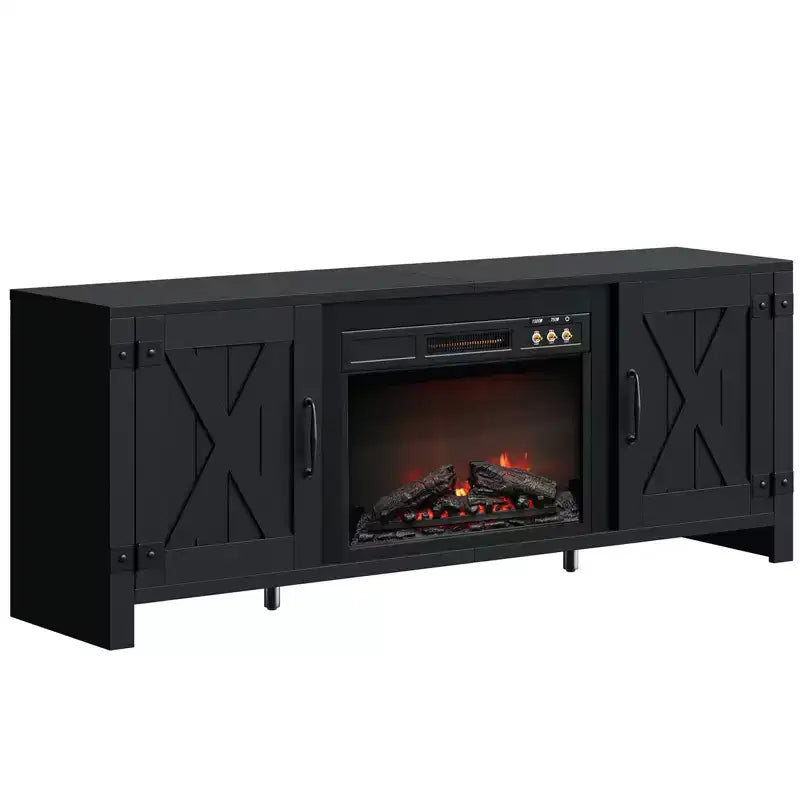 Meuble TV de 63 pouces avec cheminée intégrée pour téléviseurs jusqu'à 70 pouces, meuble TV de style ferme avec portes de grange et cheminée de 23 pouces pour salon