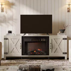 Meuble TV de 63 pouces avec cheminée intégrée pour téléviseurs jusqu'à 70 pouces, meuble TV de style ferme avec portes de grange et cheminée de 23 pouces pour salon
