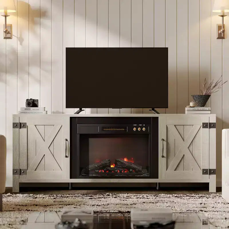 Meuble TV de 63 pouces avec cheminée intégrée pour téléviseurs jusqu'à 70 pouces, meuble TV de style ferme avec portes de grange et cheminée de 23 pouces pour salon