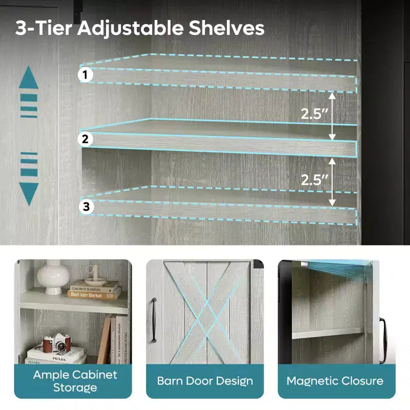 Meuble TV de 63 pouces avec cheminée intégrée pour téléviseurs jusqu'à 70 pouces, meuble TV de style ferme avec portes de grange et cheminée de 23 pouces pour salon