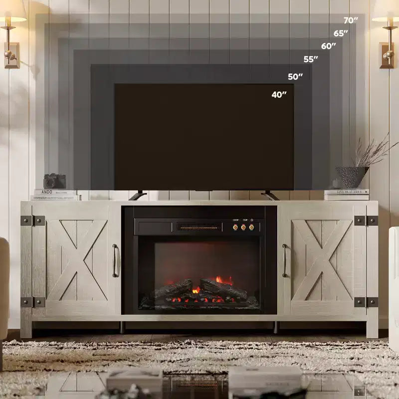 Meuble TV de 63 pouces avec cheminée intégrée pour téléviseurs jusqu'à 70 pouces, meuble TV de style ferme avec portes de grange et cheminée de 23 pouces pour salon