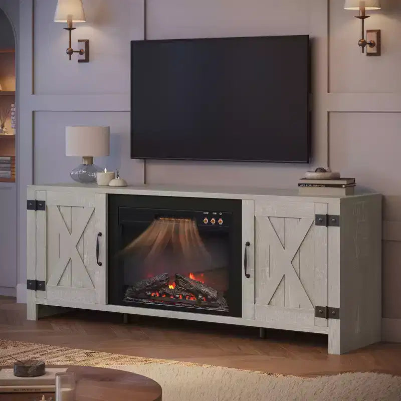 Meuble TV de 63 pouces avec cheminée intégrée pour téléviseurs jusqu'à 70 pouces, meuble TV de style ferme avec portes de grange et cheminée de 23 pouces pour salon