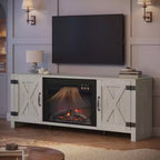 Meuble TV de 63 pouces avec cheminée intégrée pour téléviseurs jusqu'à 70 pouces, meuble TV de style ferme avec portes de grange et cheminée de 23 pouces pour salon