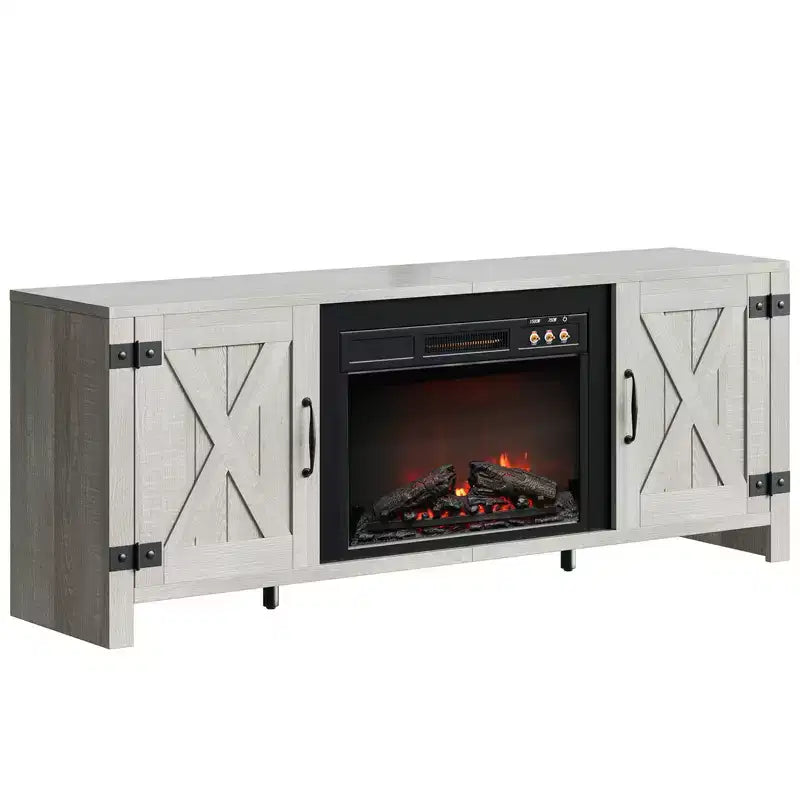Meuble TV de 63 pouces avec cheminée intégrée pour téléviseurs jusqu'à 70 pouces, meuble TV de style ferme avec portes de grange et cheminée de 23 pouces pour salon