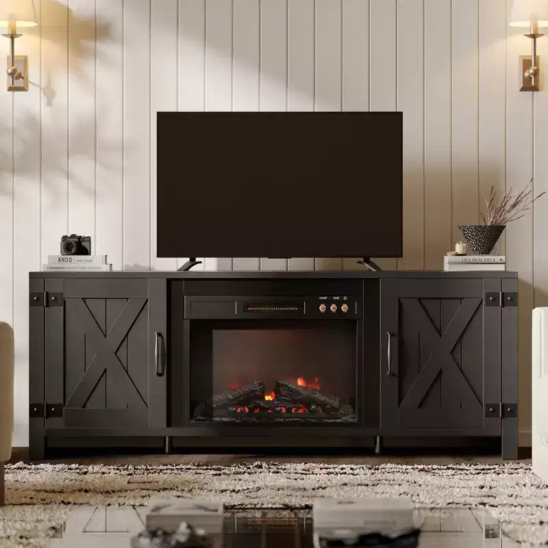 Meuble TV de 63 pouces avec cheminée intégrée pour téléviseurs jusqu'à 70 pouces, meuble TV de style ferme avec portes de grange et cheminée de 23 pouces pour salon
