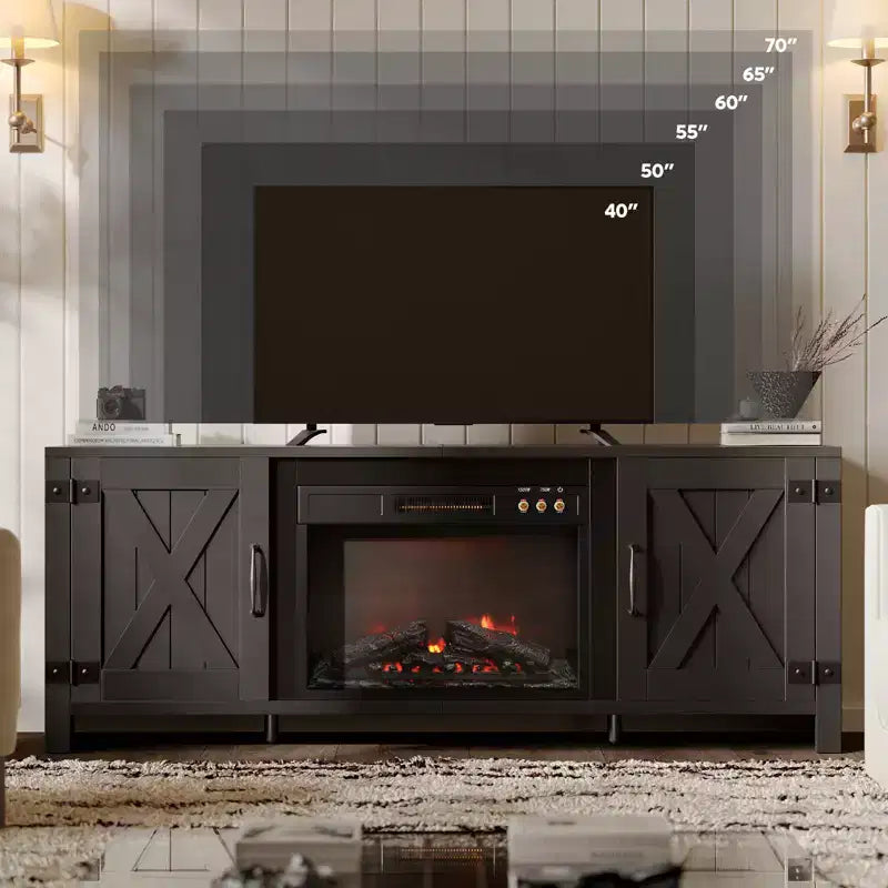 Meuble TV de 63 pouces avec cheminée intégrée pour téléviseurs jusqu'à 70 pouces, meuble TV de style ferme avec portes de grange et cheminée de 23 pouces pour salon