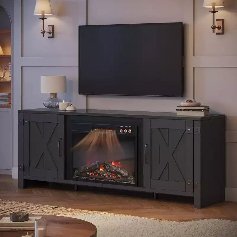 Meuble TV de 63 pouces avec cheminée intégrée pour téléviseurs jusqu'à 70 pouces, meuble TV de style ferme avec portes de grange et cheminée de 23 pouces pour salon