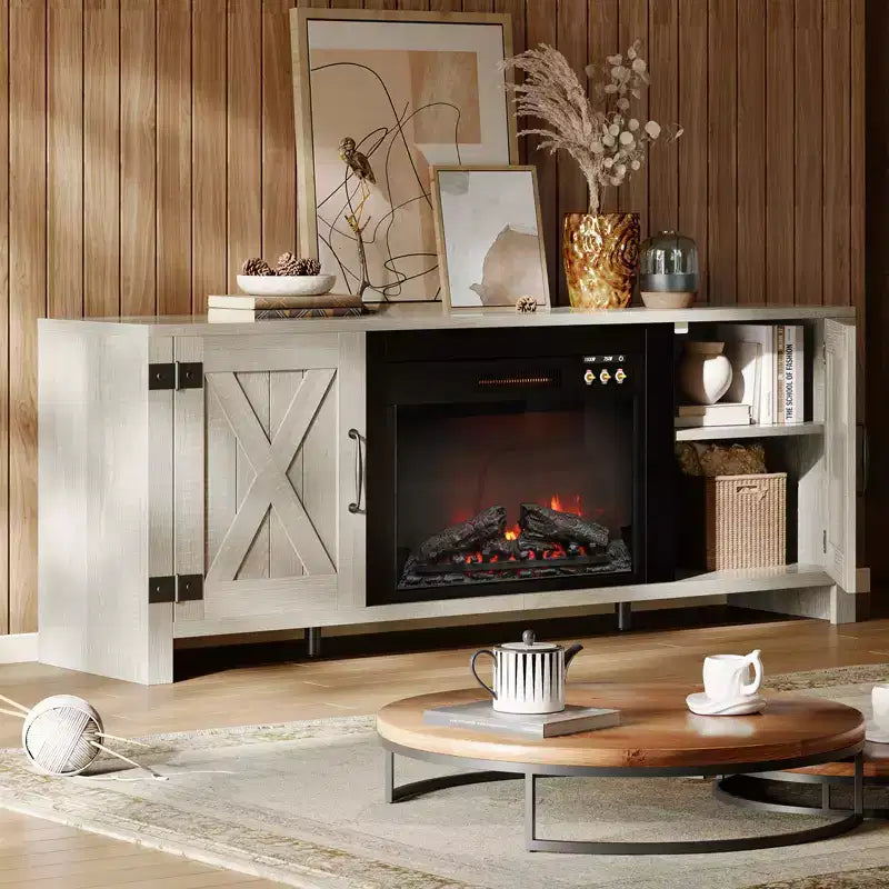 Meuble TV de 63 pouces avec cheminée intégrée pour téléviseurs jusqu'à 70 pouces, meuble TV de style ferme avec portes de grange et cheminée de 23 pouces pour salon