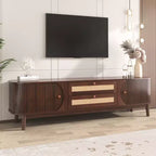 Rattan TV Stand for 75 inch TV, Wood TV Storage Cabinet with 2 Drawer and Solid Wood Legs, Natural Wood+Brown