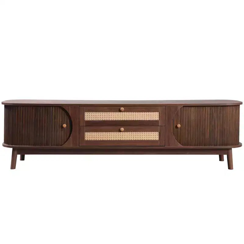 Meuble TV en rotin pour TV 75 pouces, meuble de rangement TV en bois avec 2 tiroirs et pieds en bois massif, bois naturel+marron