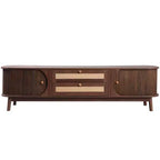 Meuble TV en rotin pour TV 75 pouces, meuble de rangement TV en bois avec 2 tiroirs et pieds en bois massif, bois naturel+marron