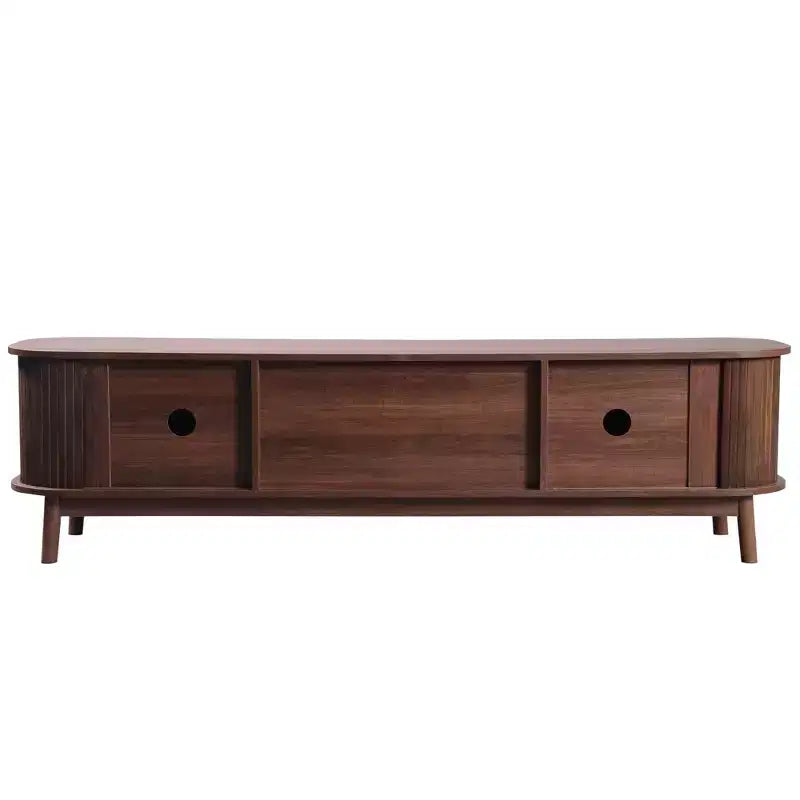 Meuble TV en rotin pour TV 75 pouces, meuble de rangement TV en bois avec 2 tiroirs et pieds en bois massif, bois naturel+marron