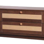 Meuble TV en rotin pour TV 75 pouces, meuble de rangement TV en bois avec 2 tiroirs et pieds en bois massif, bois naturel+marron