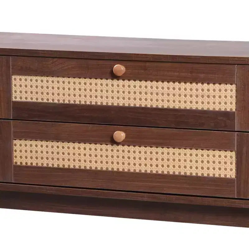 Meuble TV en rotin pour TV 75 pouces, meuble de rangement TV en bois avec 2 tiroirs et pieds en bois massif, bois naturel+marron
