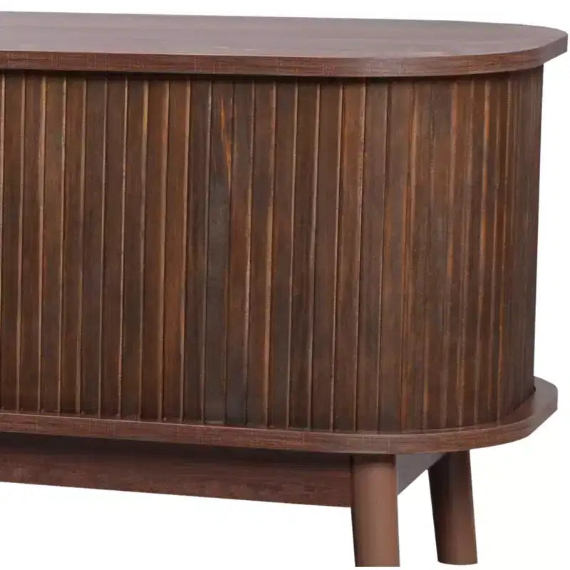Meuble TV en rotin pour TV 75 pouces, meuble de rangement TV en bois avec 2 tiroirs et pieds en bois massif, bois naturel+marron