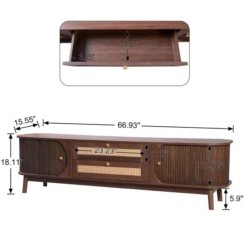 Meuble TV en rotin pour TV 75 pouces, meuble de rangement TV en bois avec 2 tiroirs et pieds en bois massif, bois naturel+marron