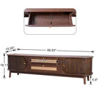 Meuble TV en rotin pour TV 75 pouces, meuble de rangement TV en bois avec 2 tiroirs et pieds en bois massif, bois naturel+marron