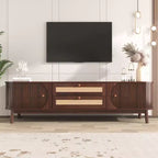 Meuble TV en rotin pour TV 75 pouces, meuble de rangement TV en bois avec 2 tiroirs et pieds en bois massif, bois naturel+marron