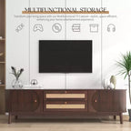 Meuble TV en rotin pour TV 75 pouces, meuble de rangement TV en bois avec 2 tiroirs et pieds en bois massif, bois naturel+marron