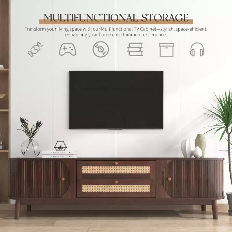 Meuble TV en rotin pour TV 75 pouces, meuble de rangement TV en bois avec 2 tiroirs et pieds en bois massif, bois naturel+marron