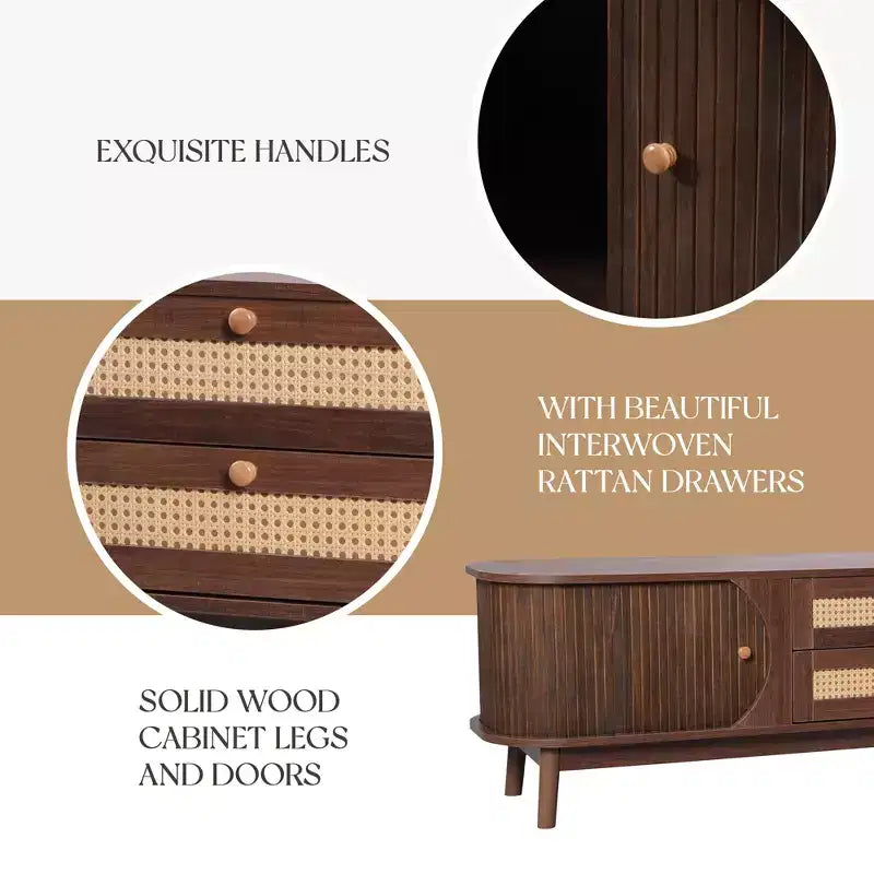 Meuble TV en rotin pour TV 75 pouces, meuble de rangement TV en bois avec 2 tiroirs et pieds en bois massif, bois naturel+marron