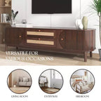 Meuble TV en rotin pour TV 75 pouces, meuble de rangement TV en bois avec 2 tiroirs et pieds en bois massif, bois naturel+marron