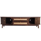Meuble TV en rotin pour TV 75 pouces, meuble de rangement TV en bois avec 2 tiroirs et pieds en bois massif, bois naturel+marron