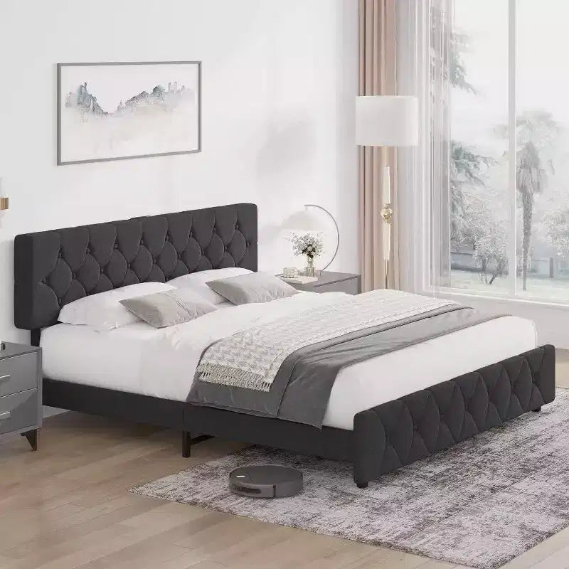 Acekool Full Size Upholstered Bed Frame with USB & Type-C Charging Headboard, Diamond Button Tufted, Noise-Free, Grey, No Box Spring Needed