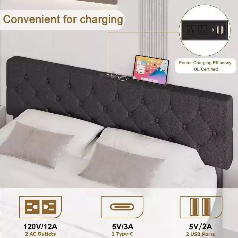 Cadre de lit rembourré complet avec tête de lit de chargement USB et Type-C, capitonnage en losanges, sans bruit, gris, sommier tapissier non requis