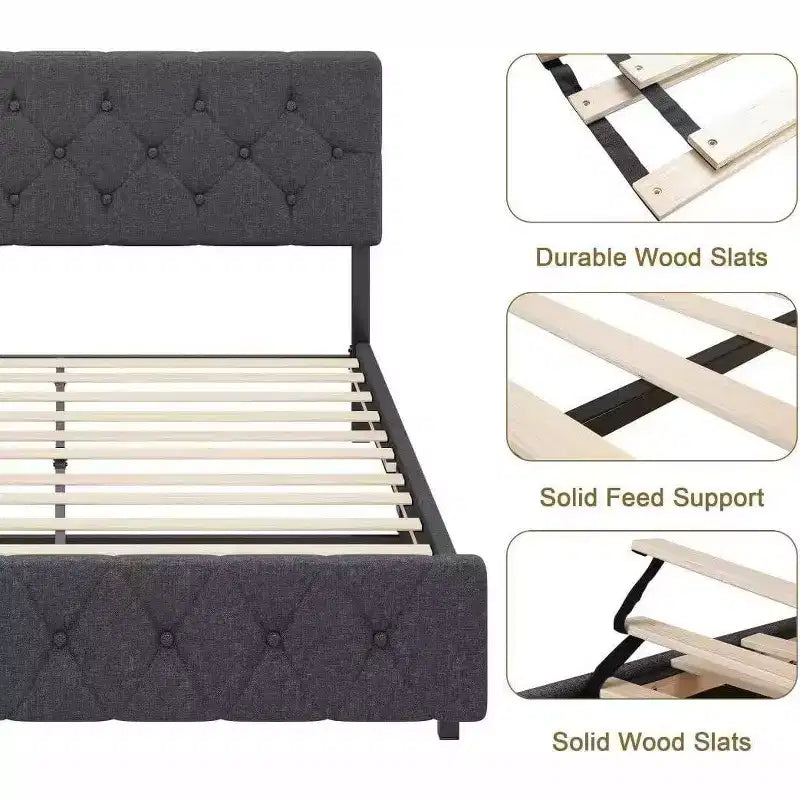 Cadre de lit rembourré complet avec tête de lit de chargement USB et Type-C, capitonnage en losanges, sans bruit, gris, sommier tapissier non requis