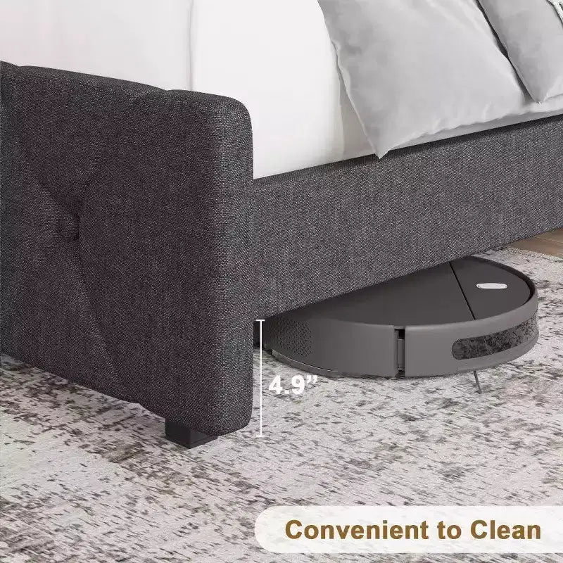 Cadre de lit rembourré complet avec tête de lit de chargement USB et Type-C, capitonnage en losanges, sans bruit, gris, sommier tapissier non requis