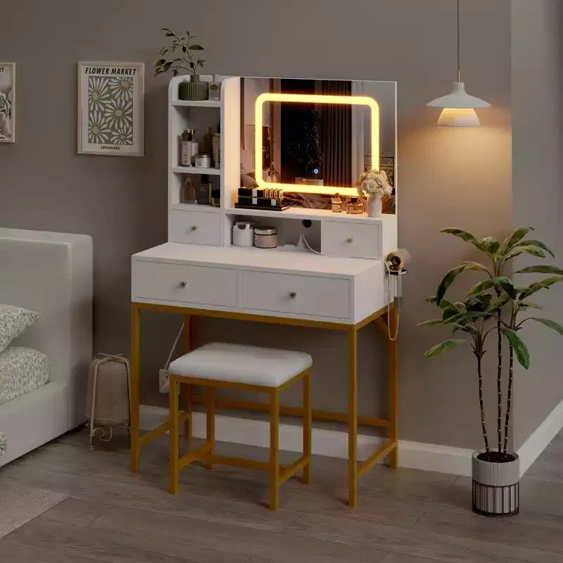 Coiffeuse avec miroir et lumières, tabouret, station de recharge, tiroirs et étagères de rangement pour chambre à coucher