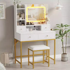 Coiffeuse avec miroir et lumières, tabouret, station de recharge, tiroirs et étagères de rangement pour chambre à coucher