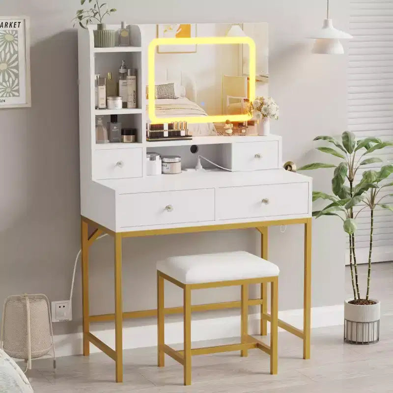 Coiffeuse avec miroir et lumières, tabouret, station de recharge, tiroirs et étagères de rangement pour chambre à coucher