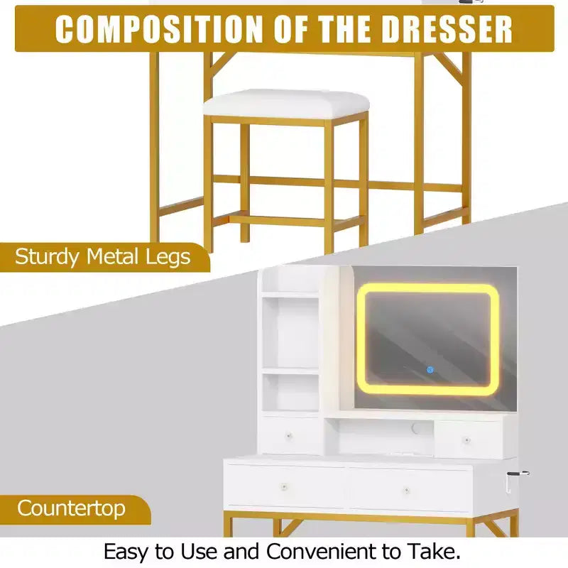 Coiffeuse avec miroir et lumières, tabouret, station de recharge, tiroirs et étagères de rangement pour chambre à coucher
