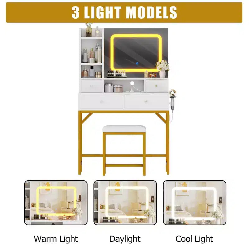 Coiffeuse avec miroir et lumières, tabouret, station de recharge, tiroirs et étagères de rangement pour chambre à coucher