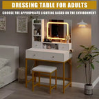 Coiffeuse avec miroir et lumières, tabouret, station de recharge, tiroirs et étagères de rangement pour chambre à coucher