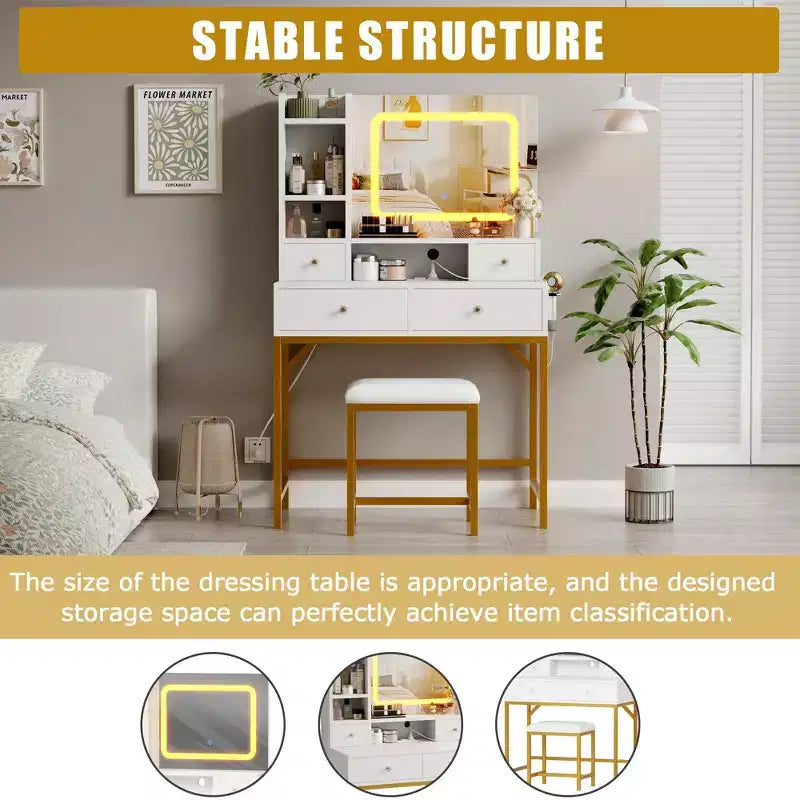 Coiffeuse avec miroir et lumières, tabouret, station de recharge, tiroirs et étagères de rangement pour chambre à coucher