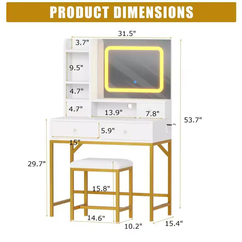 Coiffeuse avec miroir et lumières, tabouret, station de recharge, tiroirs et étagères de rangement pour chambre à coucher